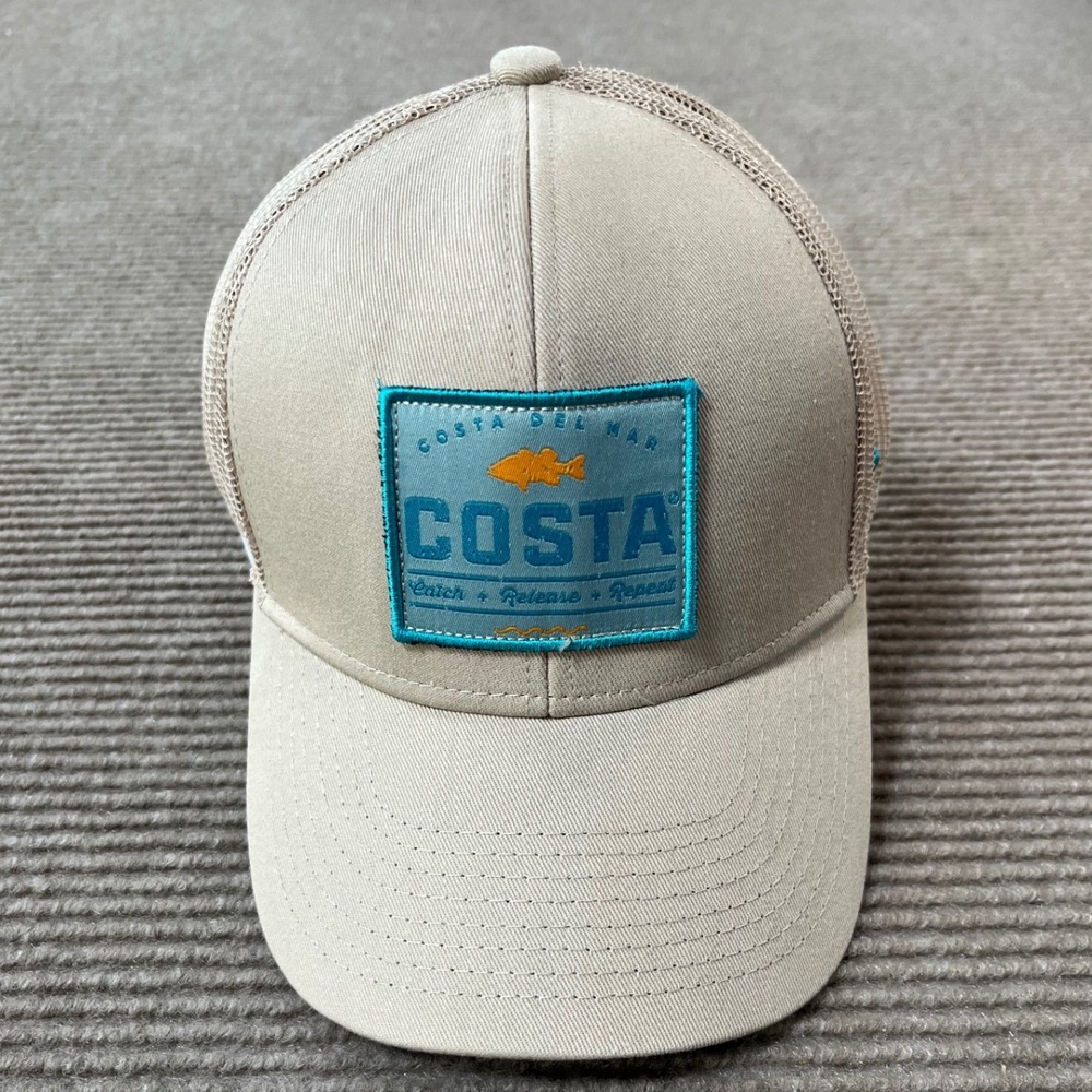 Costa Del Mar Mens Trucker Hat Khaki Tan Teal Catch Release Repeat Snapback Cap